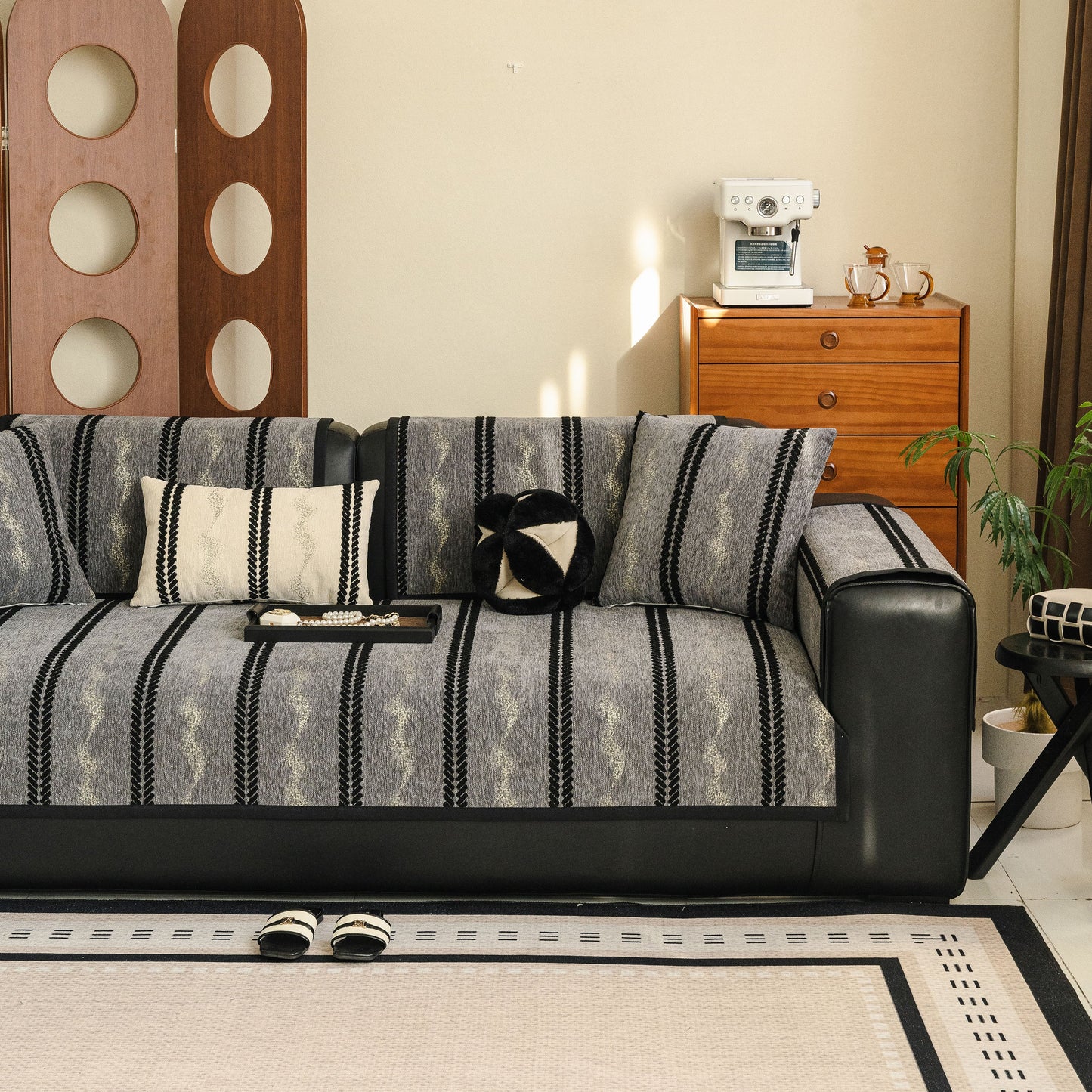 Non-Slip Sofa Cover with Thick Chenille Texture Woven Stripe Couch Protector Throw