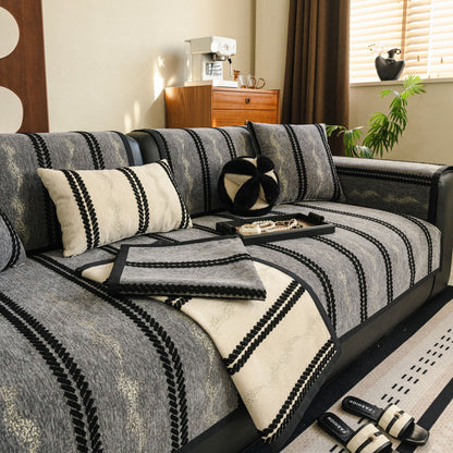 Non-Slip Sofa Cover with Thick Chenille Texture Woven Stripe Couch Protector Throw