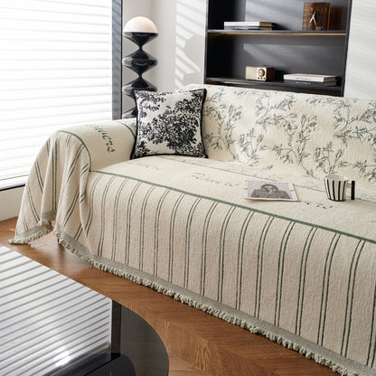 Chenille Striped Floral Couch Cover Sofa Slipcover for Most Shape Sofas, Reversible Sofa Throw Cover