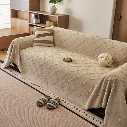 Soft Chenille Sofa Throw Cover, Raised Geometric Texture Furniture Protector Blanket
