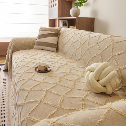 Soft Chenille Sofa Throw Cover, Raised Geometric Texture Furniture Protector Blanket