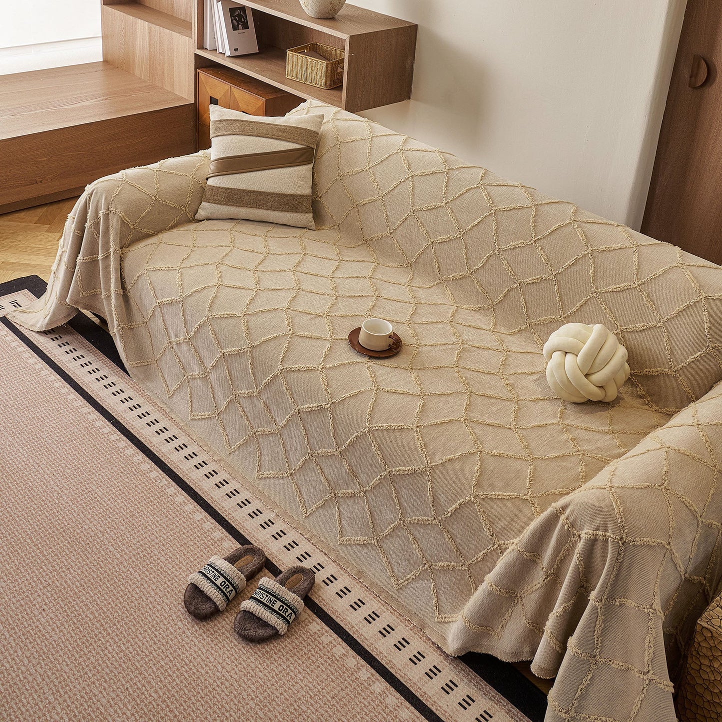 Soft Chenille Sofa Throw Cover, Raised Geometric Texture Furniture Protector Blanket