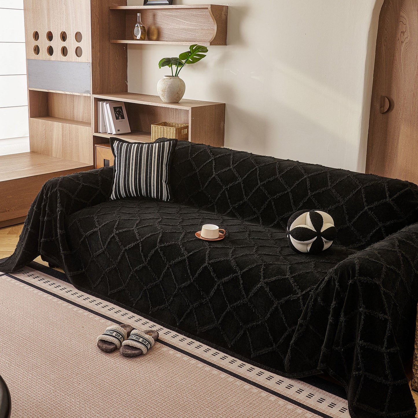 Soft Chenille Sofa Throw Cover, Raised Geometric Texture Furniture Protector Blanket