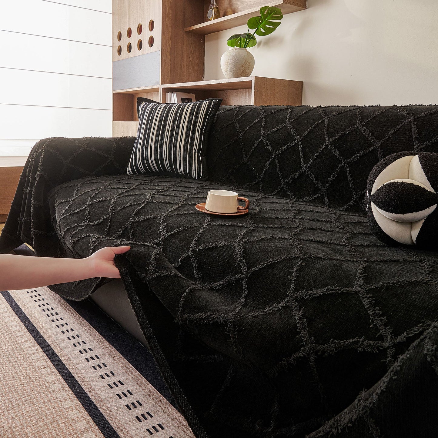 Soft Chenille Sofa Throw Cover, Raised Geometric Texture Furniture Protector Blanket