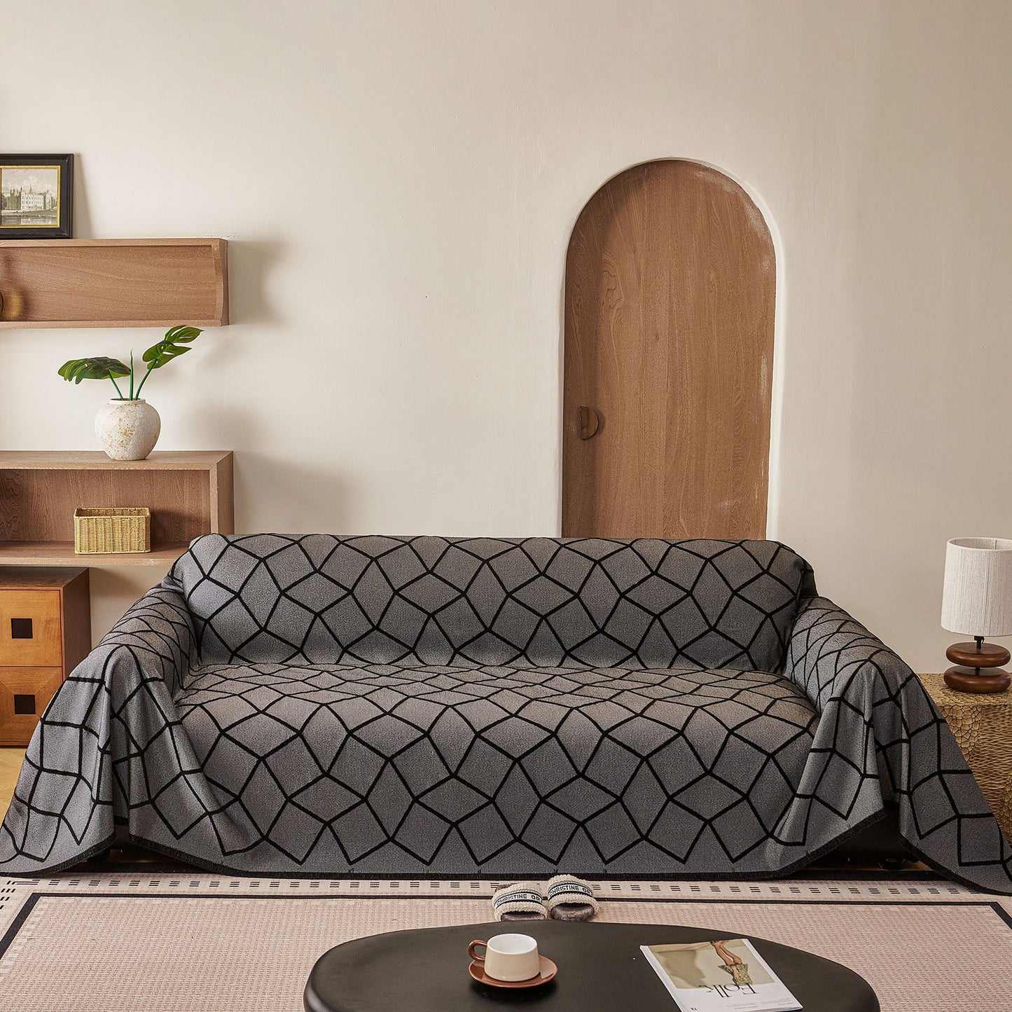 Soft Chenille Sofa Throw Cover, Raised Geometric Texture Furniture Protector Blanket