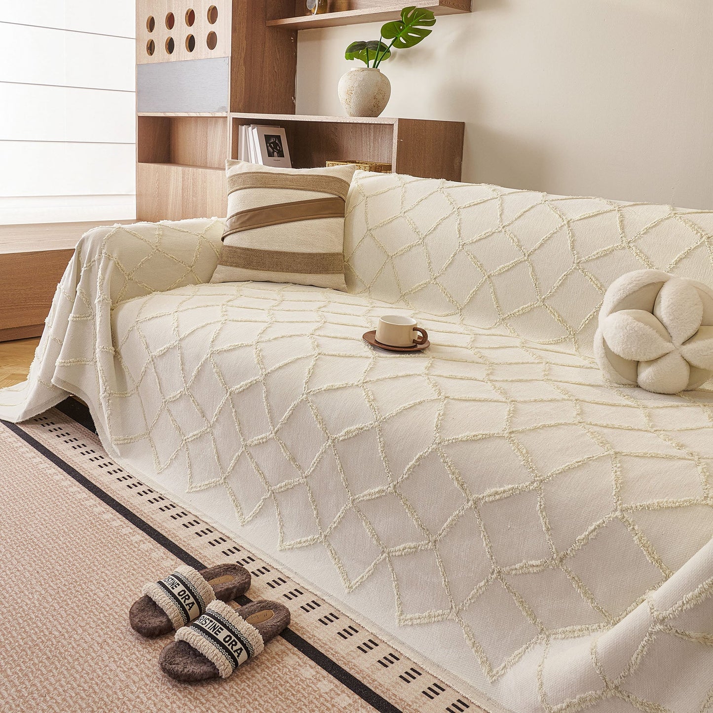 Soft Chenille Sofa Throw Cover, Raised Geometric Texture Furniture Protector Blanket