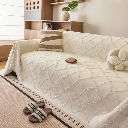 Soft Chenille Sofa Throw Cover, Raised Geometric Texture Furniture Protector Blanket