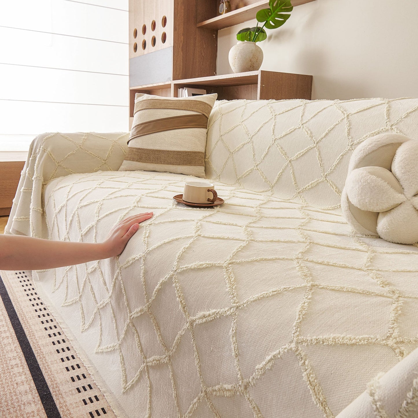 Soft Chenille Sofa Throw Cover, Raised Geometric Texture Furniture Protector Blanket