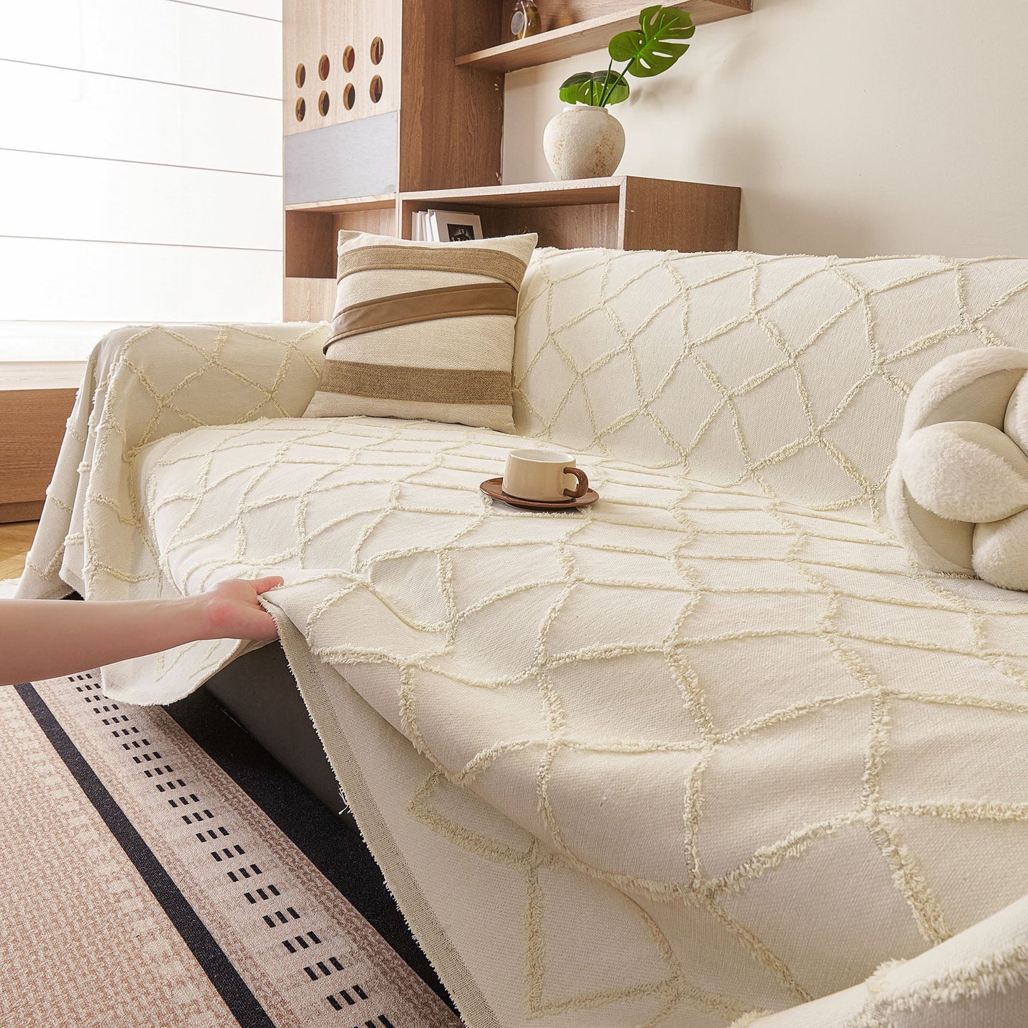 Soft Chenille Sofa Throw Cover, Raised Geometric Texture Furniture Protector Blanket