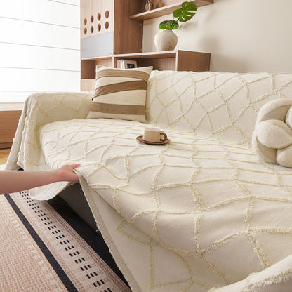 Soft Chenille Sofa Throw Cover, Raised Geometric Texture Furniture Protector Blanket