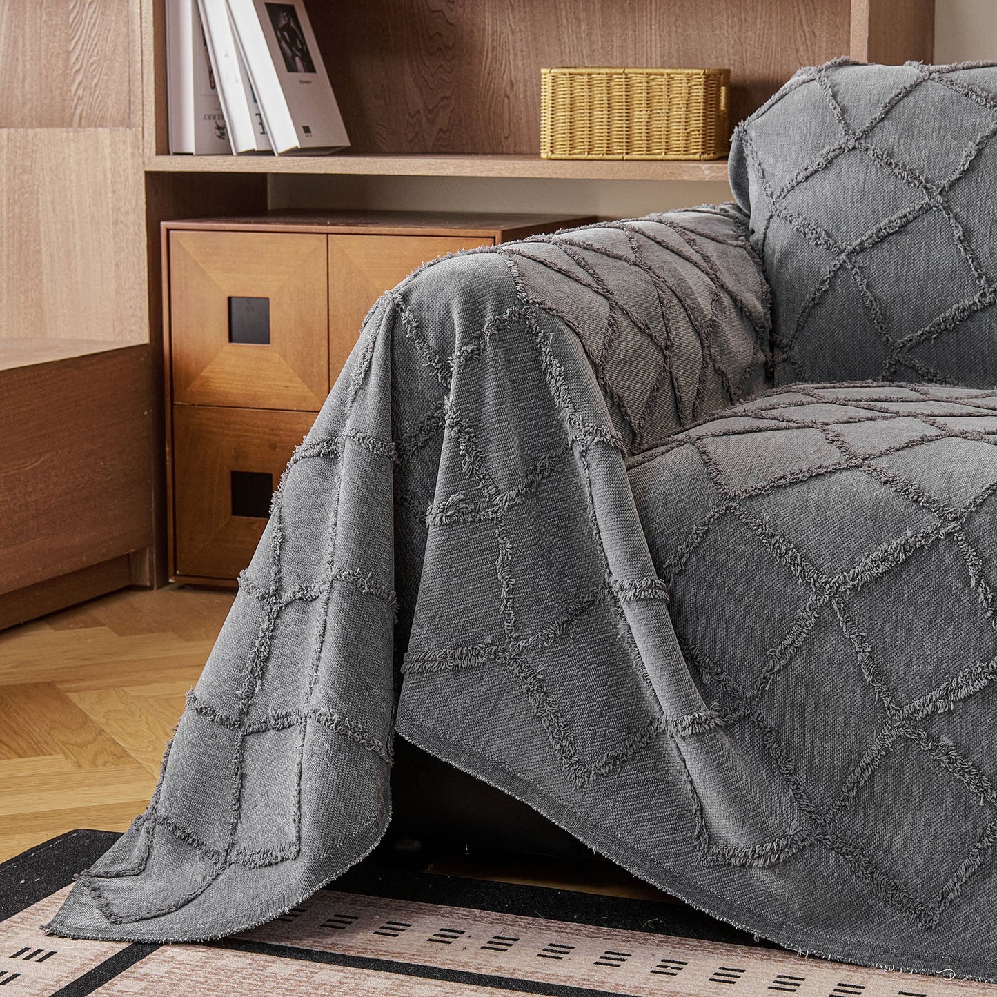 Soft Chenille Sofa Throw Cover, Raised Geometric Texture Furniture Protector Blanket