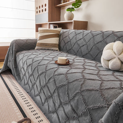 Soft Chenille Sofa Throw Cover, Raised Geometric Texture Furniture Protector Blanket