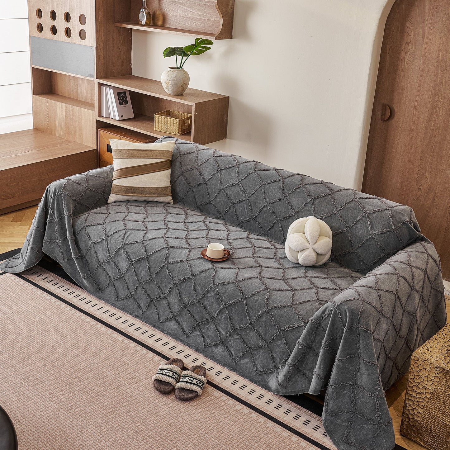 Soft Chenille Sofa Throw Cover, Raised Geometric Texture Furniture Protector Blanket