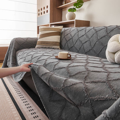 Soft Chenille Sofa Throw Cover, Raised Geometric Texture Furniture Protector Blanket