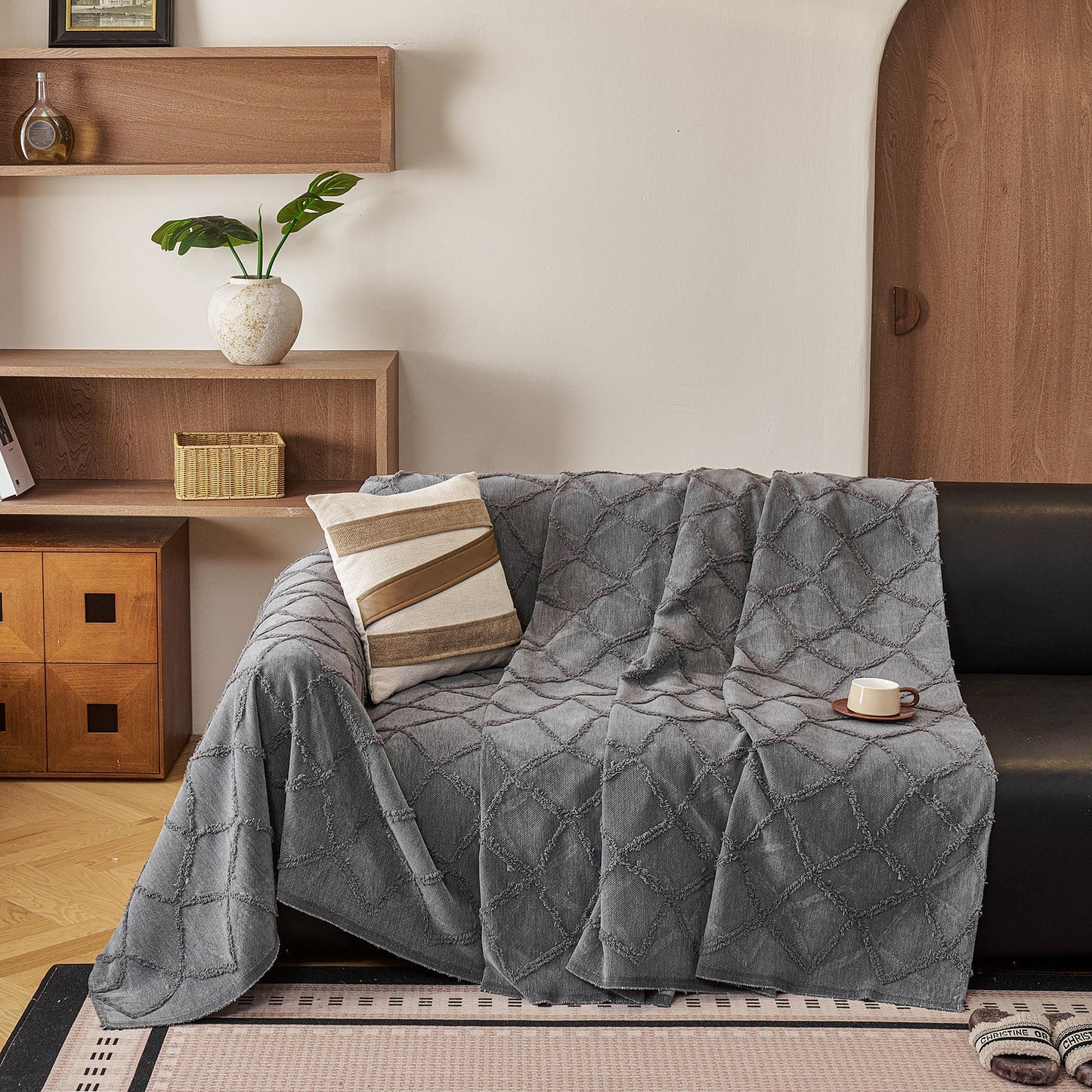Soft Chenille Sofa Throw Cover, Raised Geometric Texture Furniture Protector Blanket