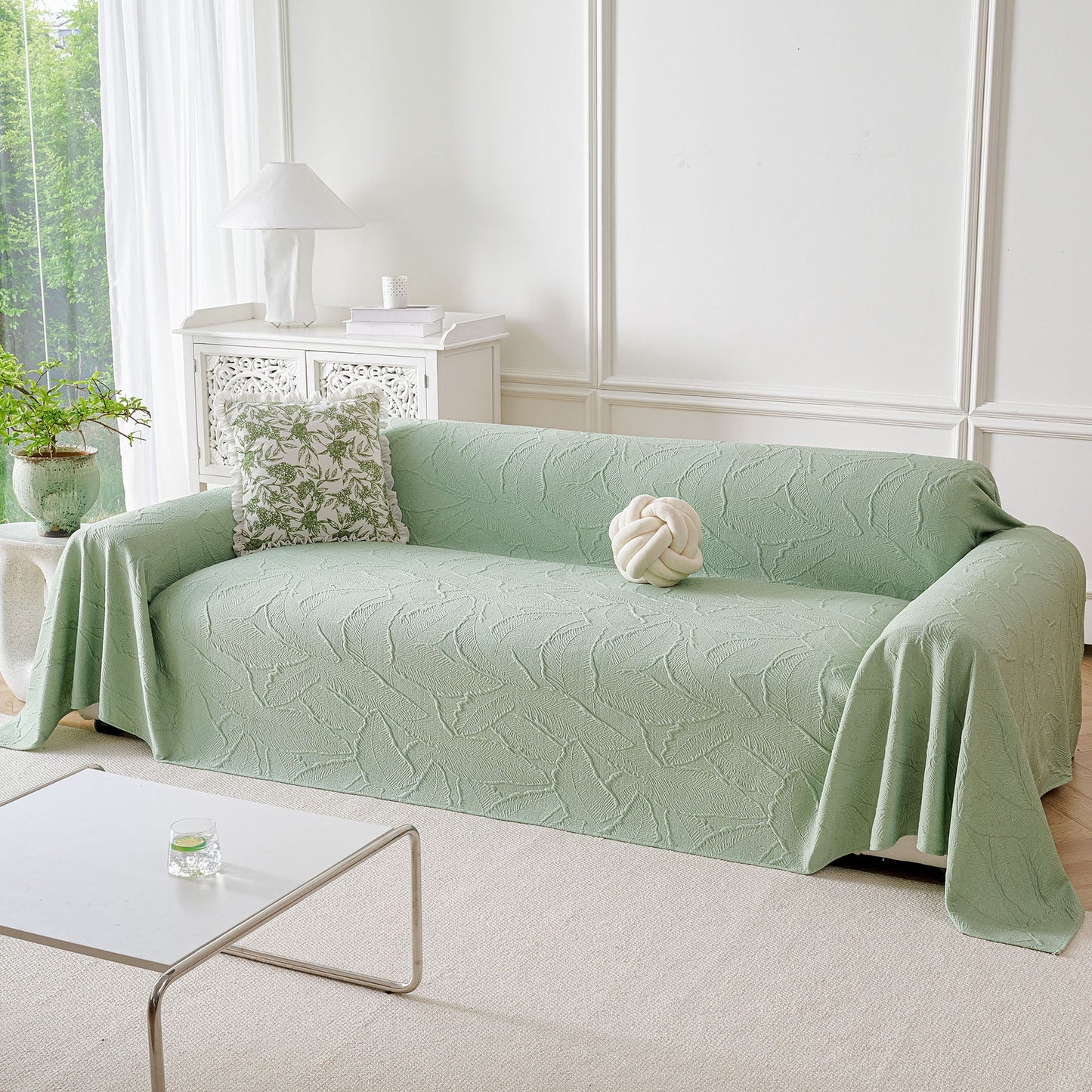 Embossed Leaf Pattern Sofa Cover Blanket for Couch, Soft Cooling Textured Couch Cover