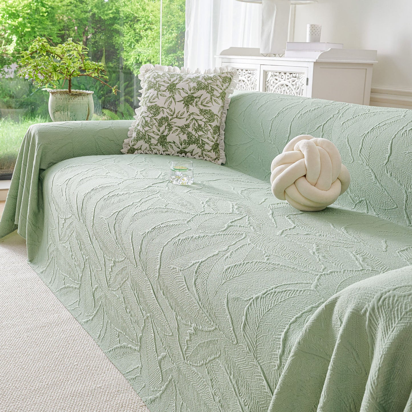 Embossed Leaf Pattern Sofa Cover Blanket for Couch, Soft Cooling Textured Couch Cover