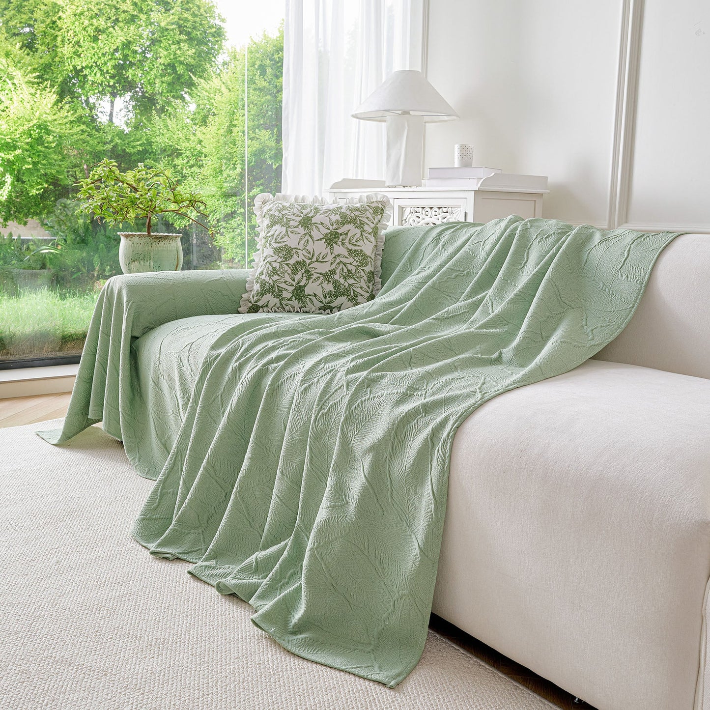 Embossed Leaf Pattern Sofa Cover Blanket for Couch, Soft Cooling Textured Couch Cover