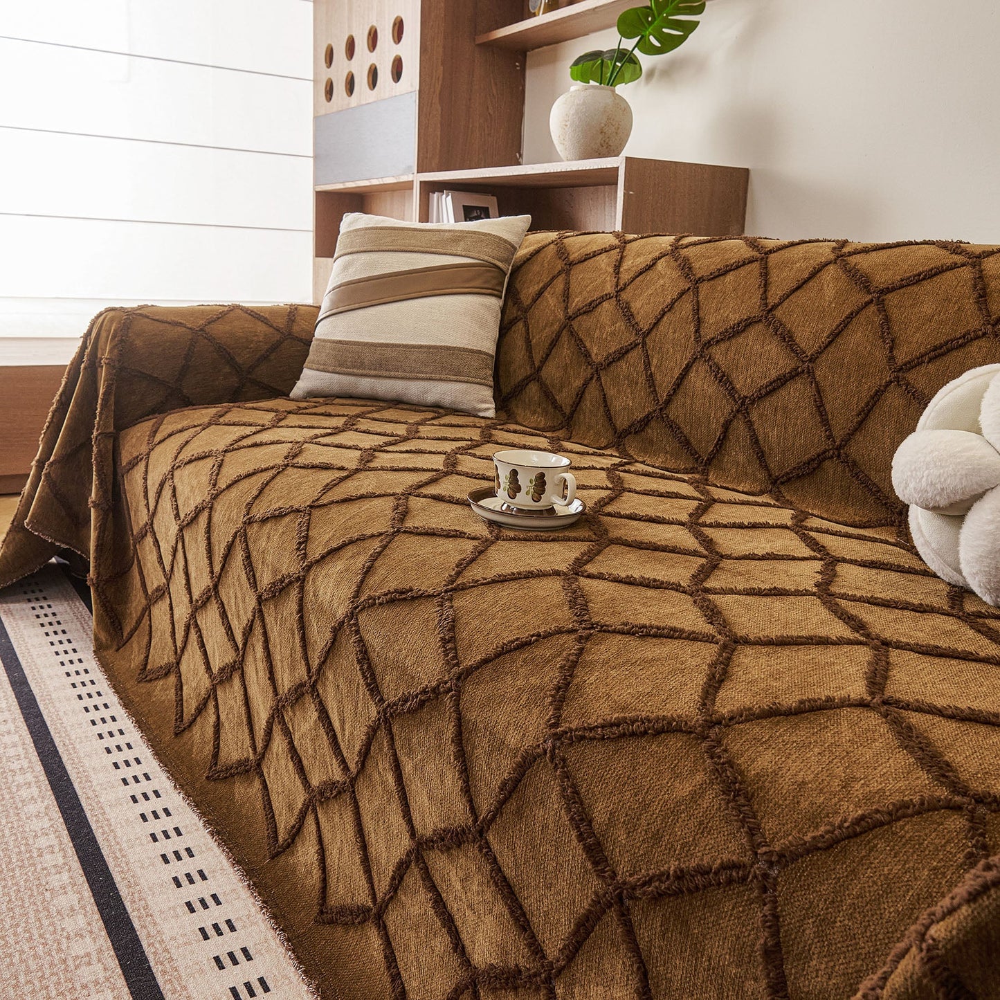 Soft Chenille Sofa Throw Cover, Raised Geometric Texture Furniture Protector Blanket