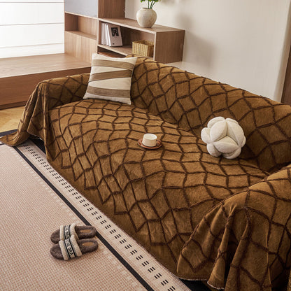 Soft Chenille Sofa Throw Cover, Raised Geometric Texture Furniture Protector Blanket