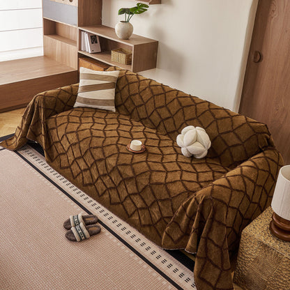 Soft Chenille Sofa Throw Cover, Raised Geometric Texture Furniture Protector Blanket