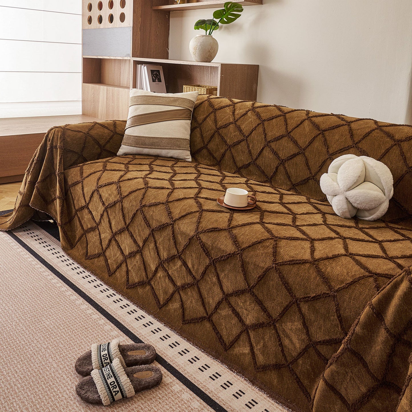 Soft Chenille Sofa Throw Cover, Raised Geometric Texture Furniture Protector Blanket