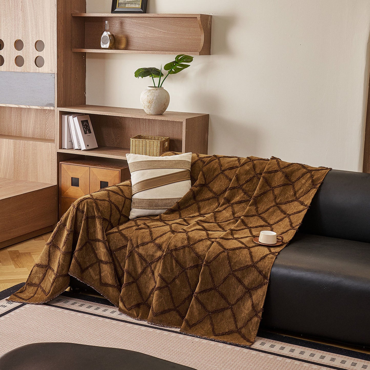 Soft Chenille Sofa Throw Cover, Raised Geometric Texture Furniture Protector Blanket