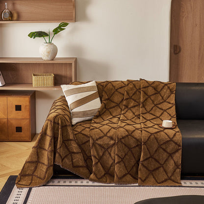 Soft Chenille Sofa Throw Cover, Raised Geometric Texture Furniture Protector Blanket