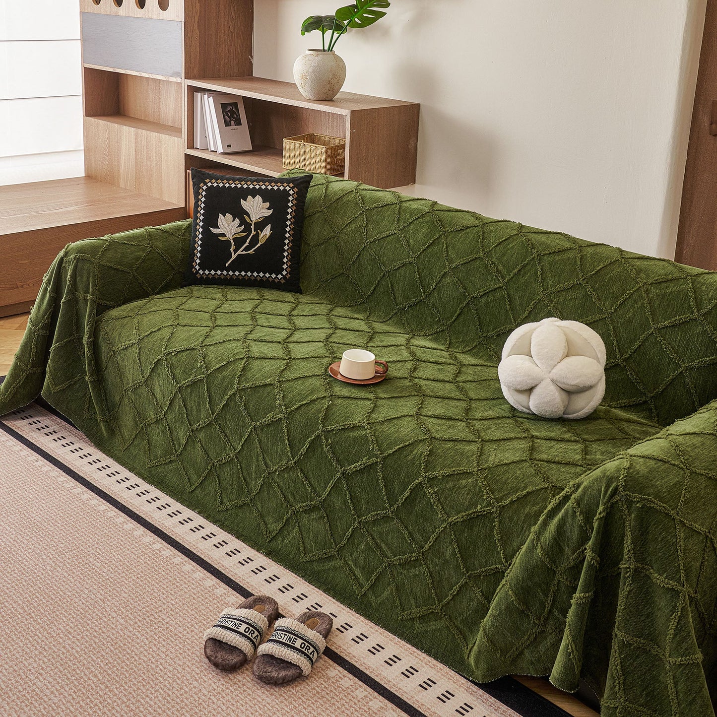 Soft Chenille Sofa Throw Cover, Raised Geometric Texture Furniture Protector Blanket