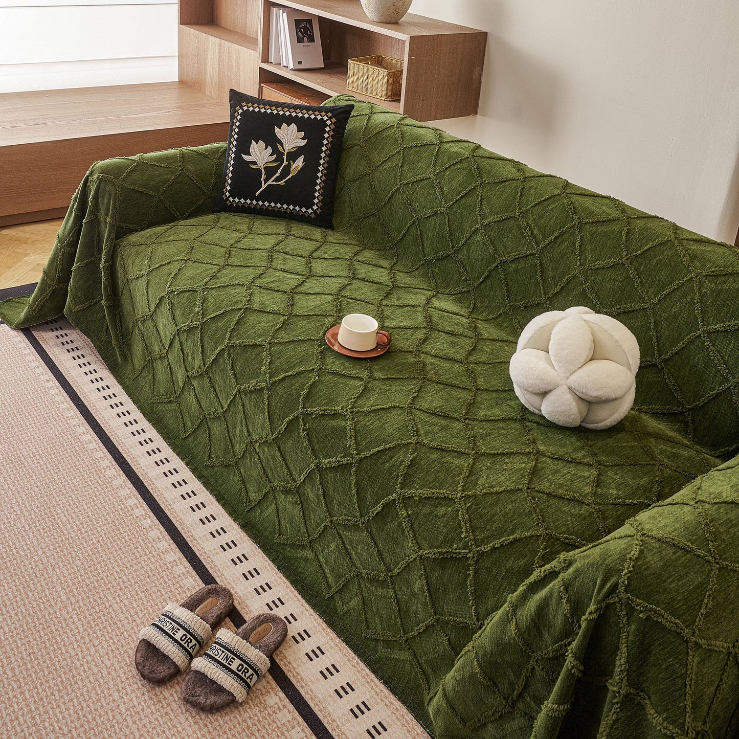 Soft Chenille Sofa Throw Cover, Raised Geometric Texture Furniture Protector Blanket