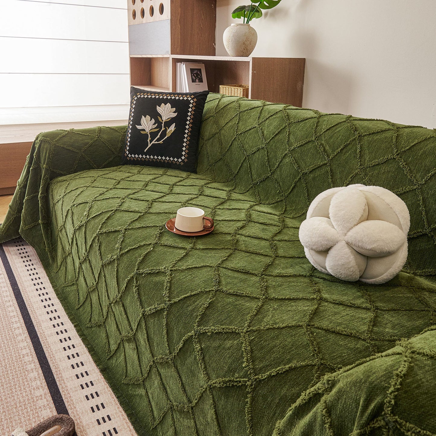 Soft Chenille Sofa Throw Cover, Raised Geometric Texture Furniture Protector Blanket