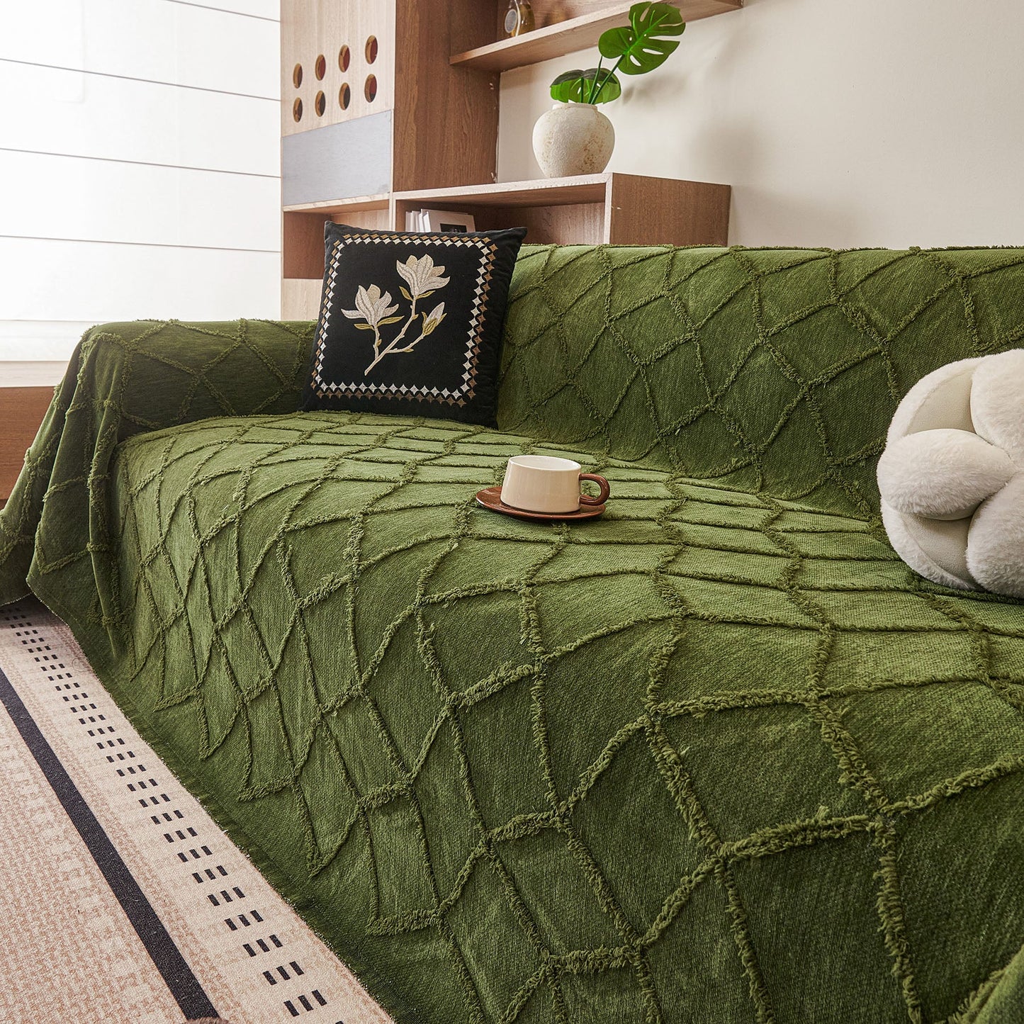 Soft Chenille Sofa Throw Cover, Raised Geometric Texture Furniture Protector Blanket