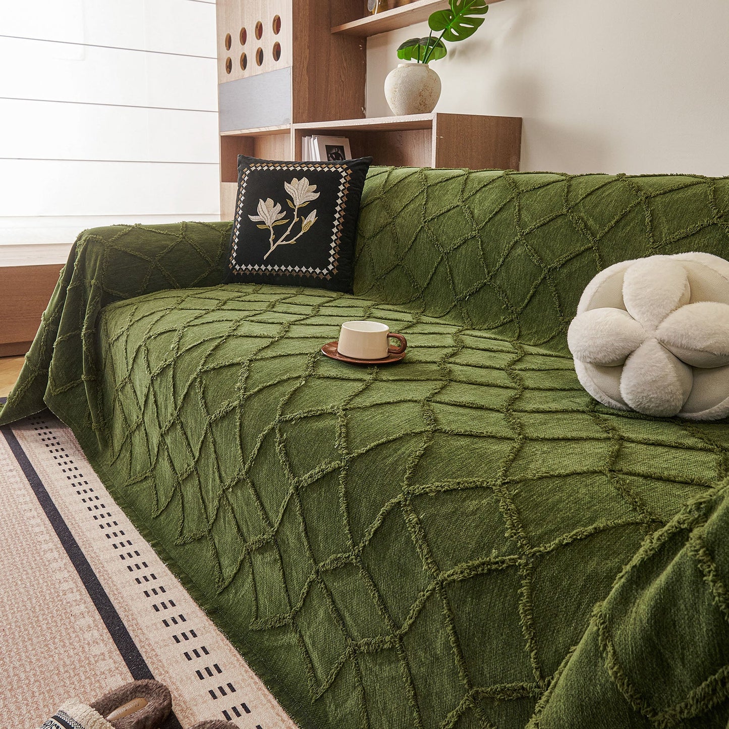 Soft Chenille Sofa Throw Cover, Raised Geometric Texture Furniture Protector Blanket