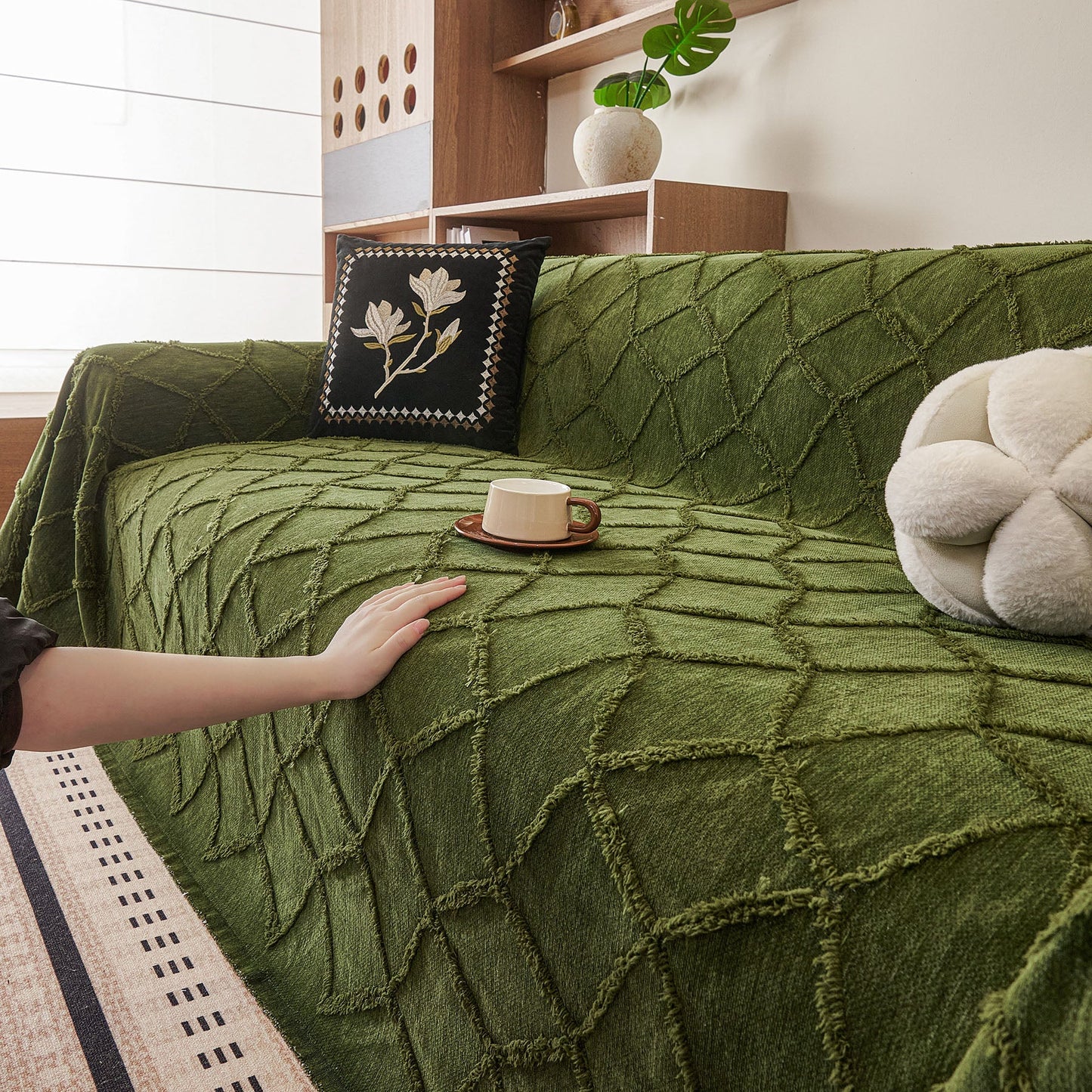 Soft Chenille Sofa Throw Cover, Raised Geometric Texture Furniture Protector Blanket