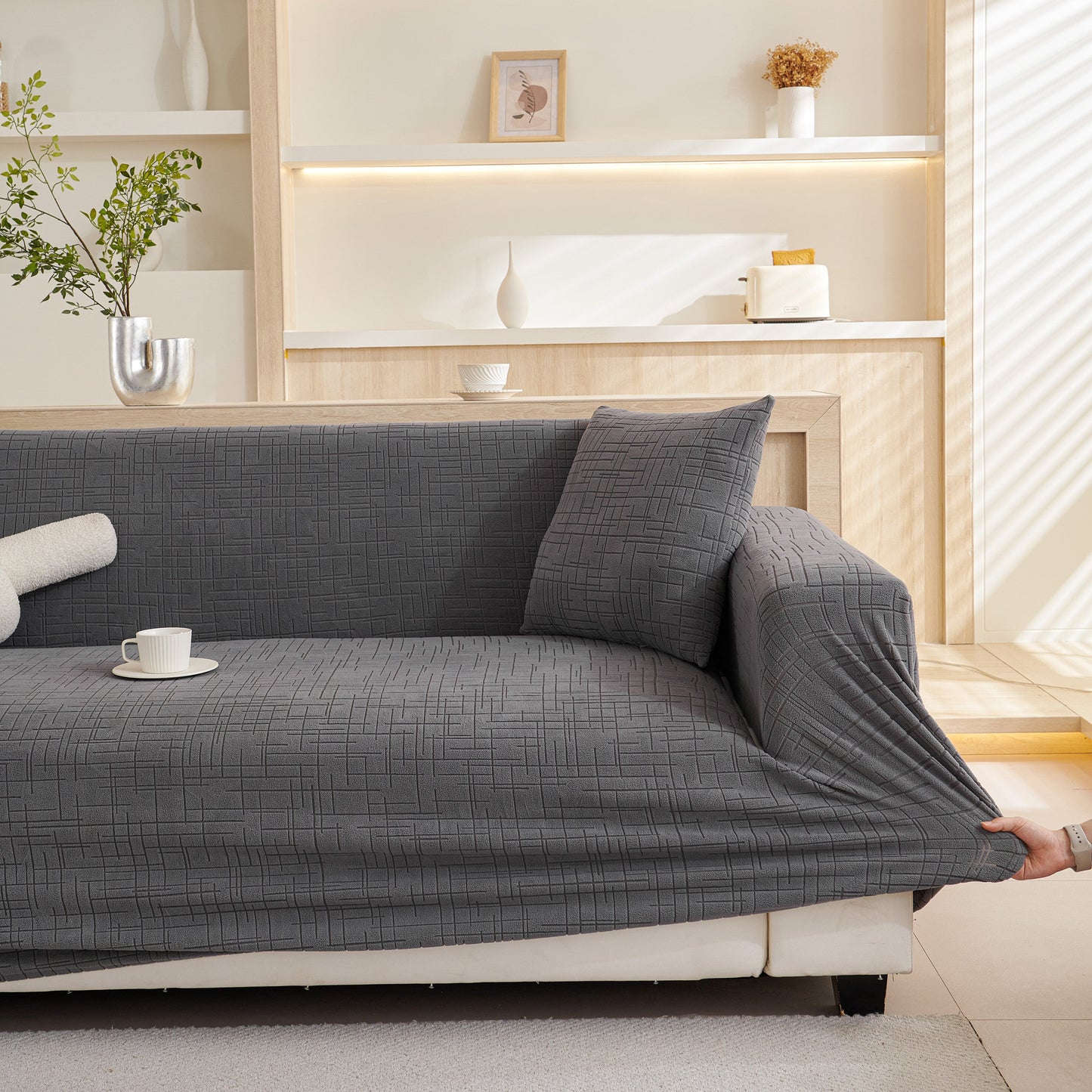 Embossed Lines Couch Covers Stretchable Non-Slip & Washable Sofa Slipcovers