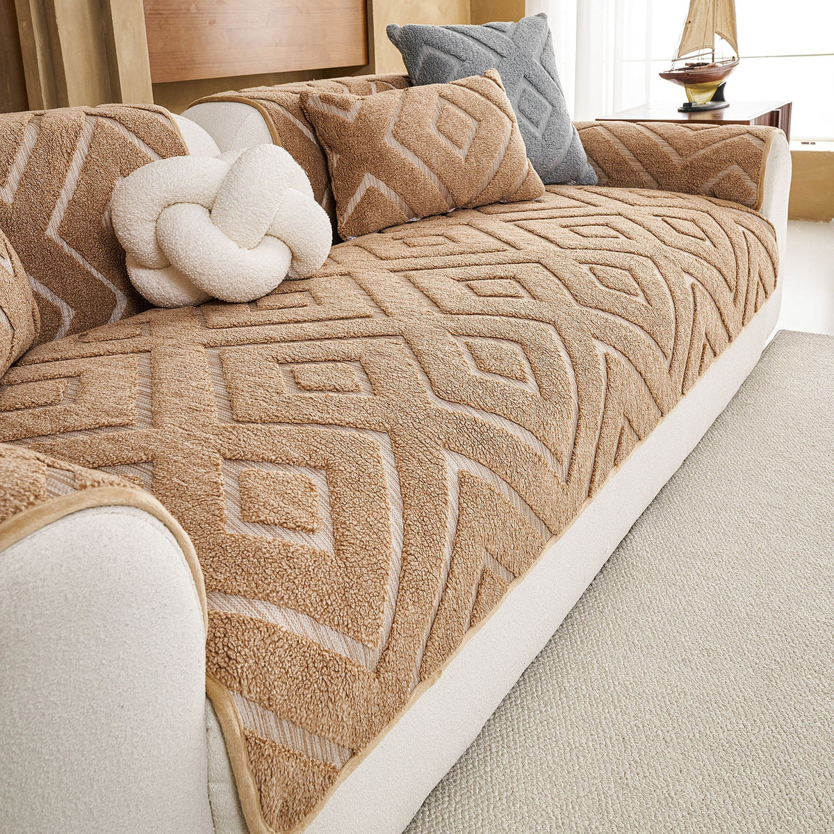 Thick Sherpa Sofa Protector Cover, Warm Plush Couch Cover for Seat, Backrest & Armrest
