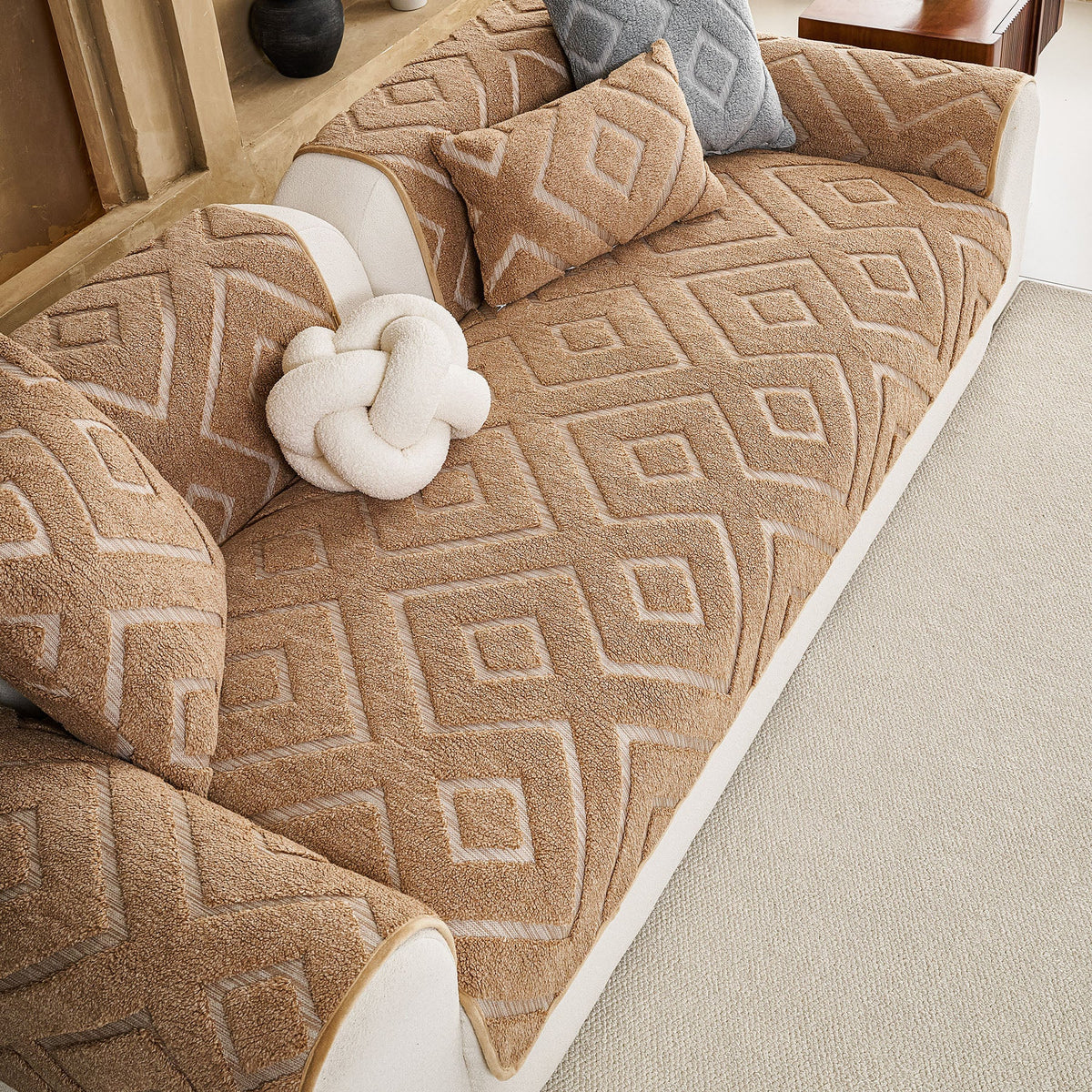Thick Sherpa Sofa Protector Cover, Warm Plush Couch Cover for Seat, Backrest & Armrest