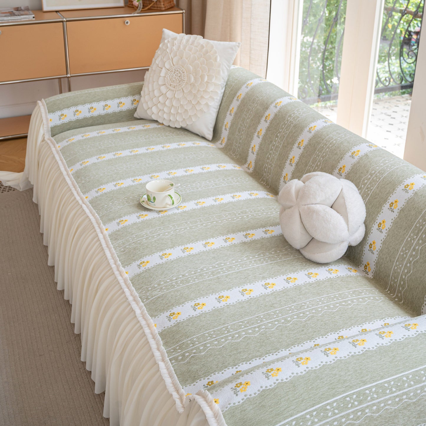 Daisy Striped Sofa Cover with Sheer Ruffle Skirt, Floral Soft Slipcover Blanket