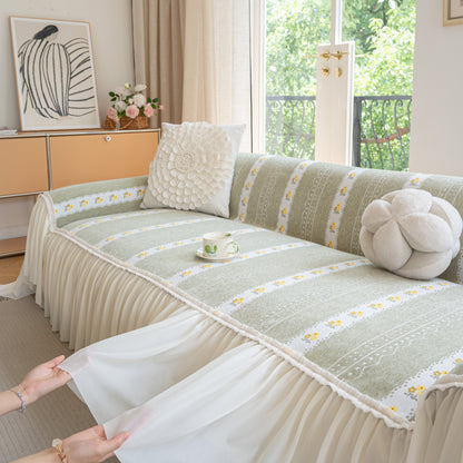 Daisy Striped Sofa Cover with Sheer Ruffle Skirt, Floral Soft Slipcover Blanket