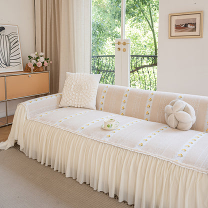 Daisy Striped Sofa Cover with Sheer Ruffle Skirt, Floral Soft Slipcover Blanket