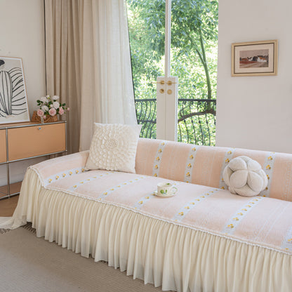 Daisy Striped Sofa Cover with Sheer Ruffle Skirt, Floral Soft Slipcover Blanket