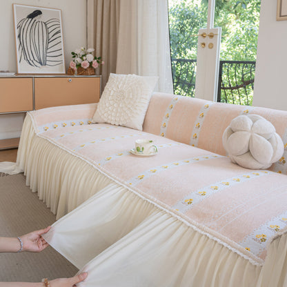 Daisy Striped Sofa Cover with Sheer Ruffle Skirt, Floral Soft Slipcover Blanket