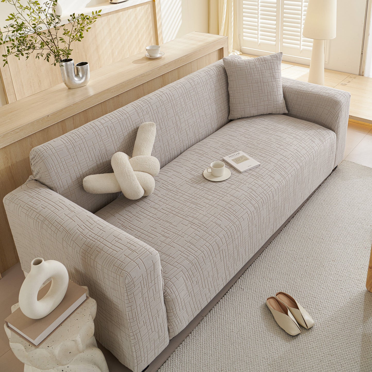 Embossed Lines Couch Covers Stretchable Non-Slip & Washable Sofa Slipcovers