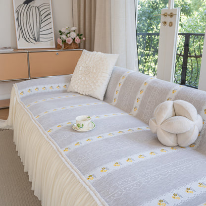 Daisy Striped Sofa Cover with Sheer Ruffle Skirt, Floral Soft Slipcover Blanket