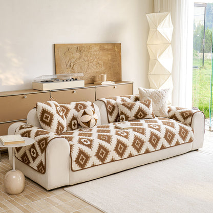 Cozy Thickened Sherpa Sofa Protector, Geometric Non-Slip Couch Cover for Pets & Kids