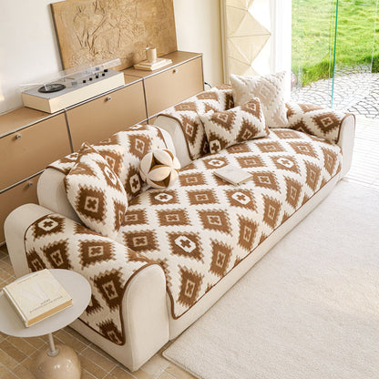 Cozy Thickened Sherpa Sofa Protector, Geometric Non-Slip Couch Cover for Pets & Kids