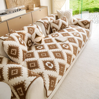 Cozy Thickened Sherpa Sofa Protector, Geometric Non-Slip Couch Cover for Pets & Kids