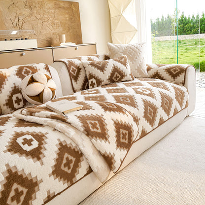 Cozy Thickened Sherpa Sofa Protector, Geometric Non-Slip Couch Cover for Pets & Kids