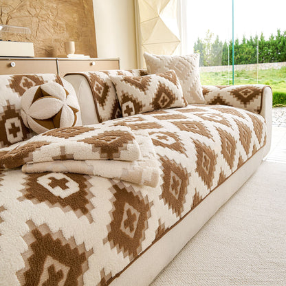 Cozy Thickened Sherpa Sofa Protector, Geometric Non-Slip Couch Cover for Pets & Kids