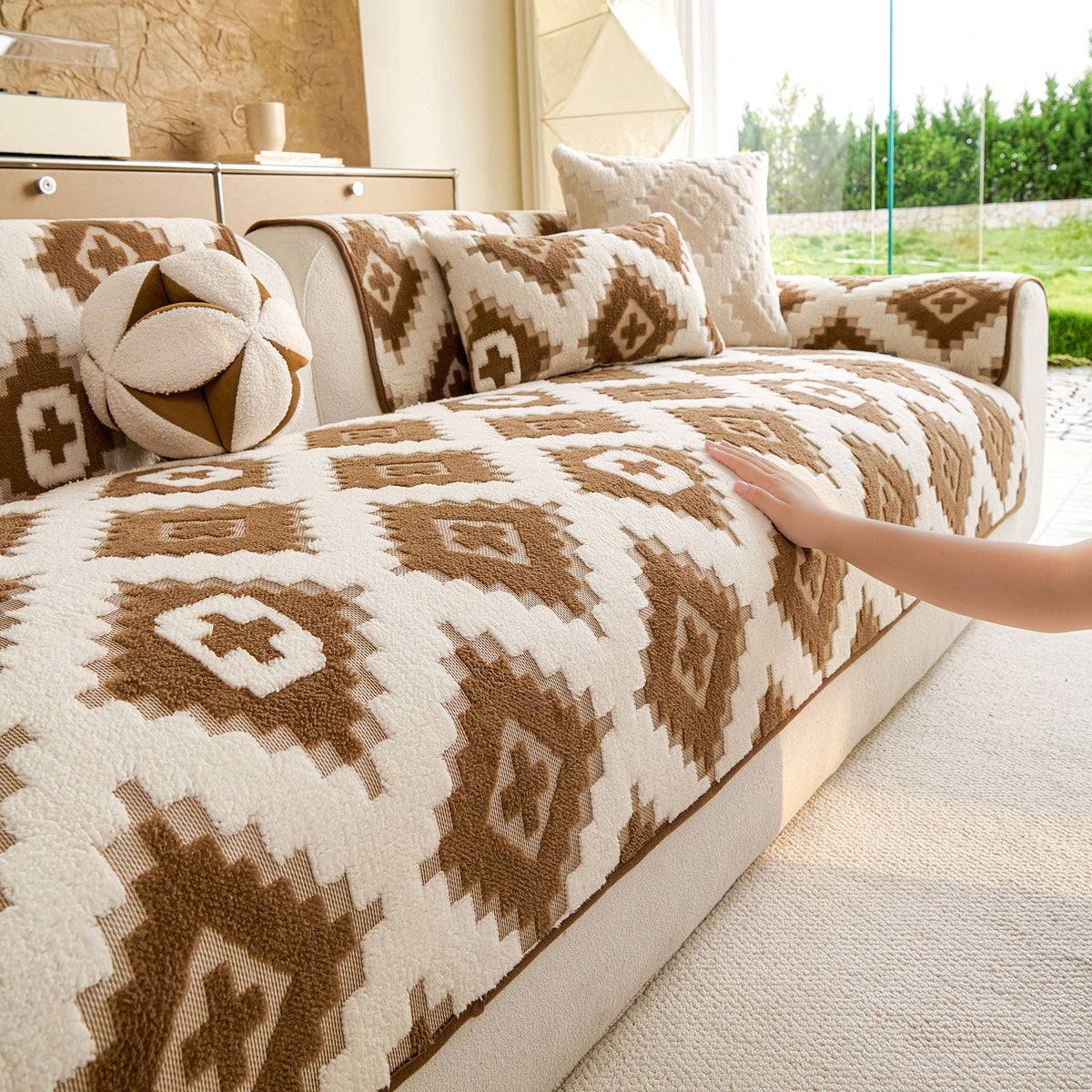 Cozy Thickened Sherpa Sofa Protector, Geometric Non-Slip Couch Cover for Pets & Kids